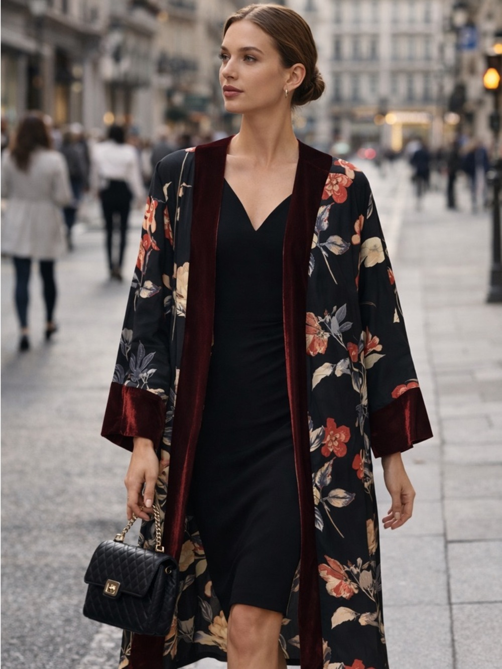 Floral Velvet-Trim Cardigan